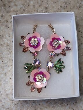Pink Floral Sequin and Crystal Drop Necklace